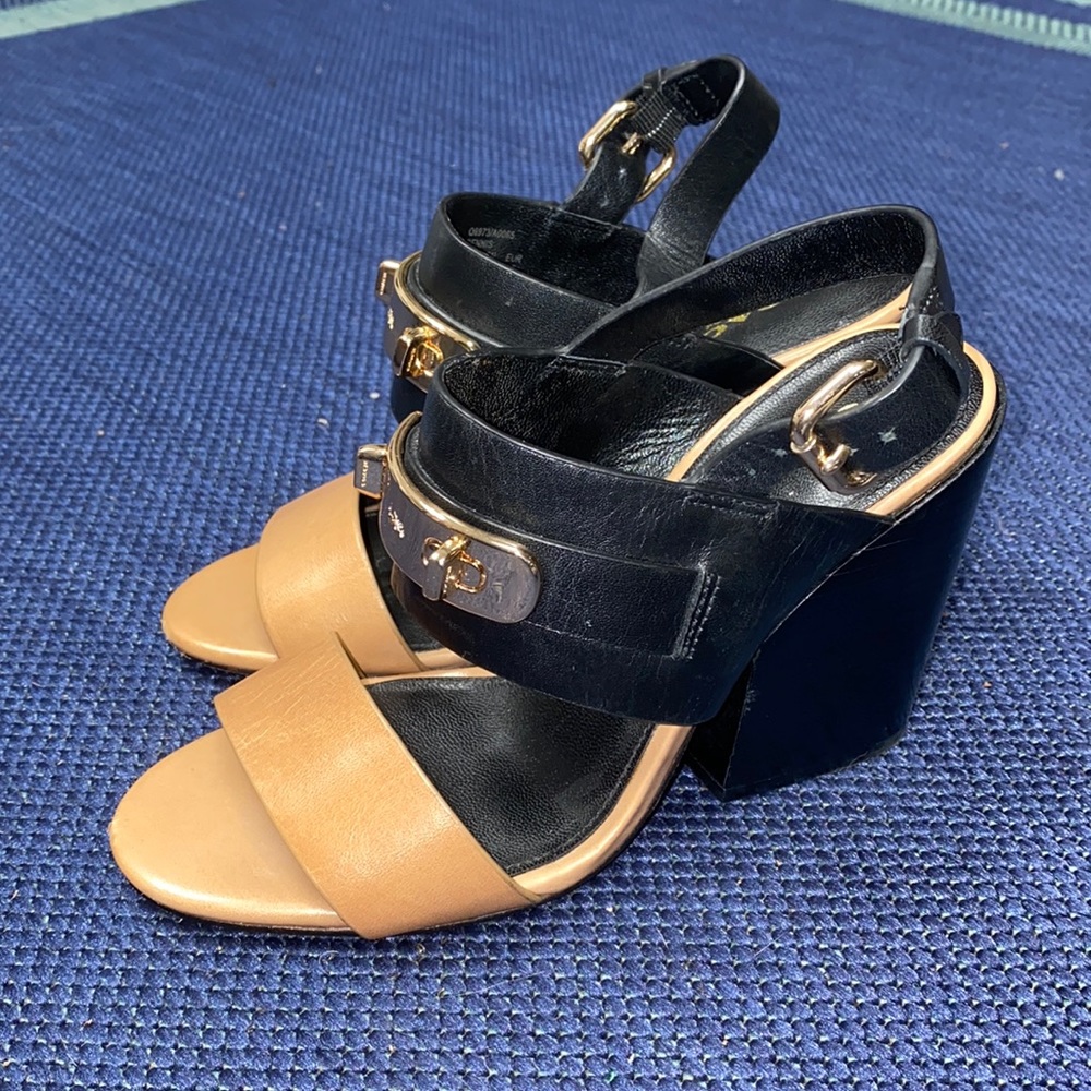coach black and tan chunky wooden heel